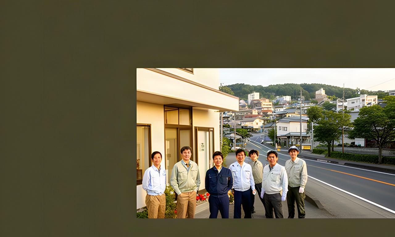 国道407号沿いの事務所前で並ぶ清掃スタッフと東松山市の街並み