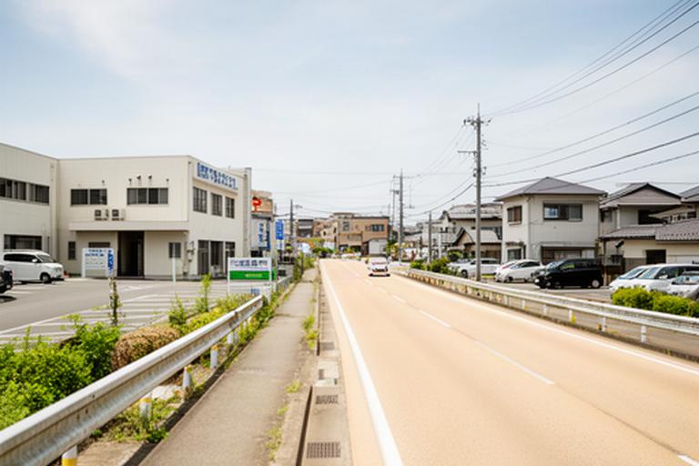 埼玉県東松山市の国道407号沿いにある清掃会社周辺の道路と建物