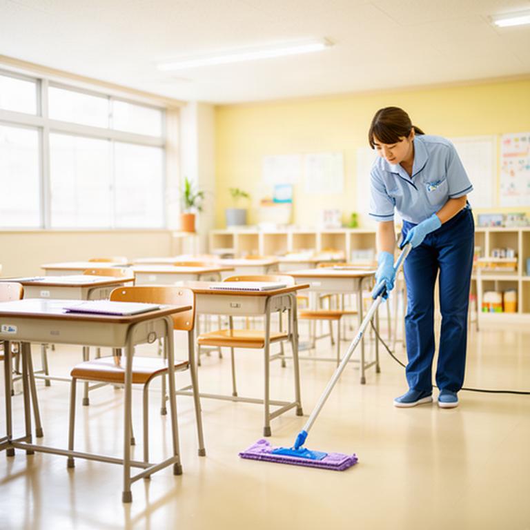 明るい学習塾の教室で床と机を清掃するスタッフ